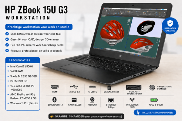 15.6 inch Professioneel  HP Zbook 15U Workstation + Core i7 + 16 Gb + M2 Gb SSD +2e SSD +  Windows 11 Pro + Startklaar