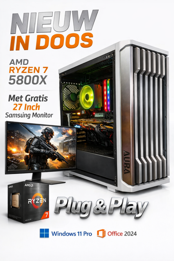 Nieuwe Snelle 8 Core Game Allrounder Pc AMD Ryzen 7 + Geforce + 32 Gb DDR 4 + Snelle M2 SSD + HD + Windows 11  Pro + Office 2024 + Startklaar +  Garantie