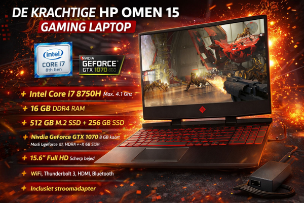 15.6 Inch Gaming HP OMEN 15-Core i7 + 16 Gb + Geforce GTX 1070 8 Gb + Snelle M2 SSD  + 1 Tb Hd + Startklaar + Garantie