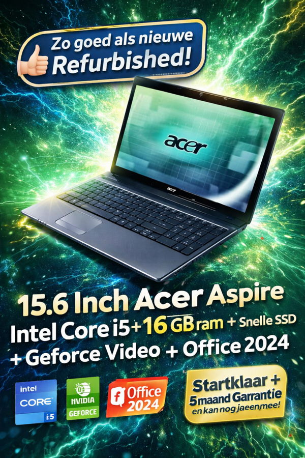 15.6 Inch Acer Aspire 5750G  + Core i5 + 16 Gb + Snelle SSD + Office 2024 + Startklaar+ Garantie