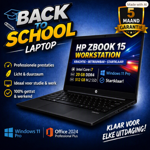 15.6 inch Professioneel  HP Zbook 15 Workstation + Core i7 + 20 Gb + M2 512 Gb SSD + Windows 11 Pro + Startklaar
