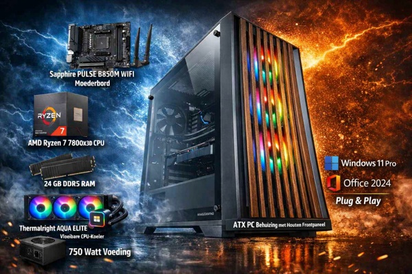 Nieuwe Game Allrounder Pc + AMD Ryzen 7 7800X3D  + 24 Gb Ram DDR5 + M2 SSD + 3 Tb Hd + Startklaar + Garantie