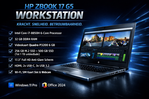 17,3 inch ZGAN HP Zbook 17  + Core i7 + 32 Gb + M2 SSd + HD +  Windows 11 Pro + Office 2024 + Startklaar