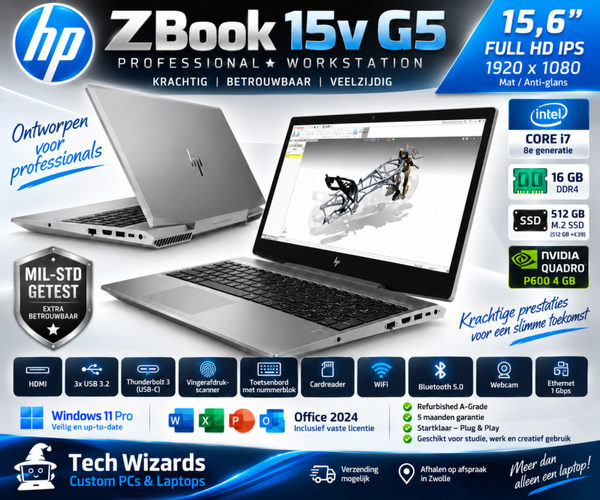 15.6 inch Professioneel  HP Zbook 15v G5  + Core i7 + 16 Gb + M2 Gb SSD + Windows 11 Pro + Startklaar