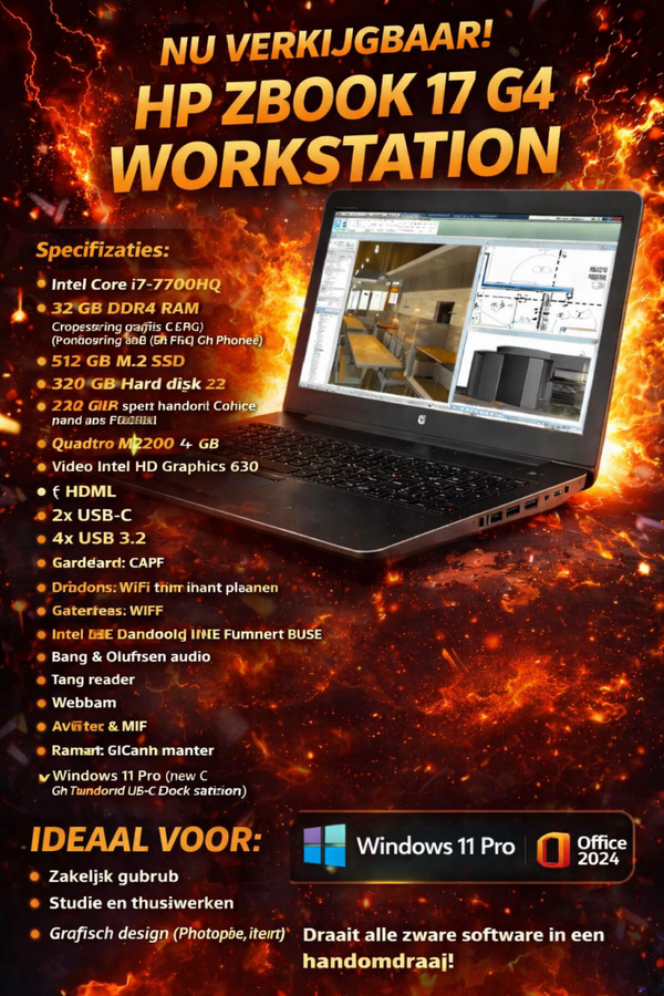 17,3 inch ZGAN HP Zbook 17  + Core i7 + 32 Gb + 512 Gb M2 SSd + HD +  Windows 11 Pro + Office 2024 + Startklaar