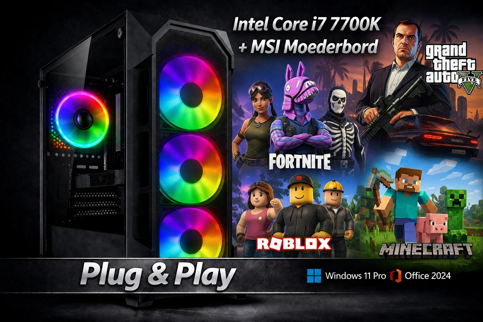 Zo goed als Nieuwe Game Allrounder Pc + Intel Core i7 + Wifi + 16 Gb Ram + M2 SSD + 1 Tb SSD + Startklaar + Garantie