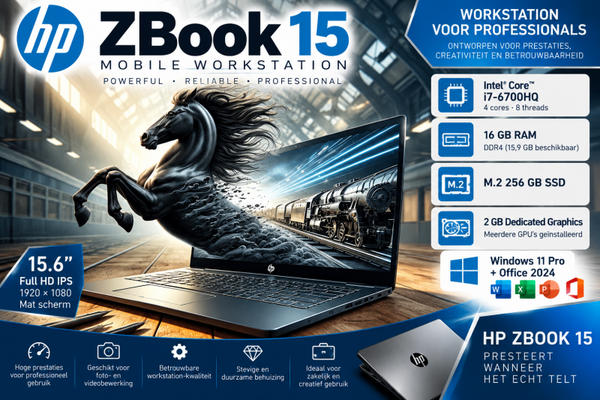 15.6 inch Professioneel  HP Zbook 15 + Core i7 + 16 Gb + M2 Gb SSD + Windows 11 Pro + Startklaar
