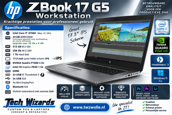 17,3 inch ZGAN HP Zbook 17 + Nvidea Quadro + 24 Gb + 512 Gb M2 SSd +  1 Tb Hd + Windows 11 Pro + Office 2024 + Startklaar