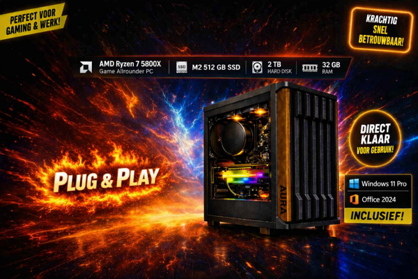 Nieuwe Snelle 8 Core Game Allrounder Pc AMD Ryzen 7 + Geforce + 32 Gb DDR 4 + Snelle M2 SSD + HD + Windows 11  Pro + Office 2024 + Startklaar +  Garantie