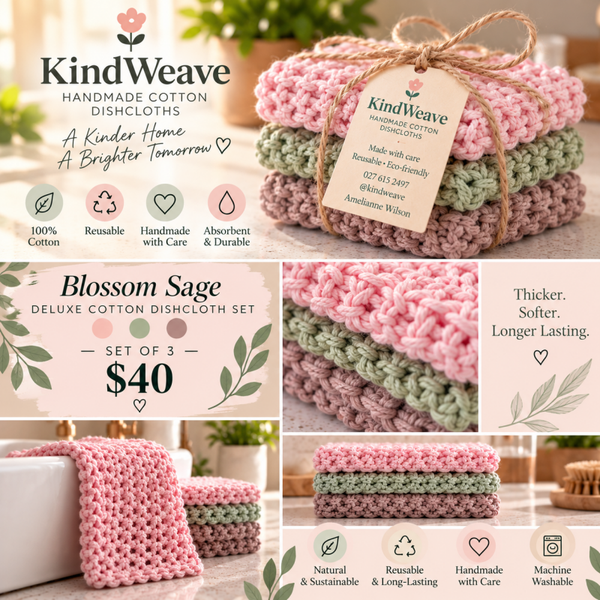 🌸 Blossom Sage – Deluxe Handmade Cotton Dishcloths (Set of 3)