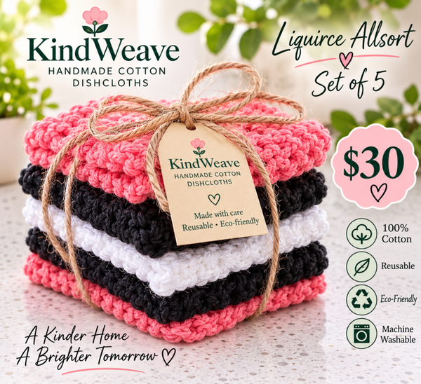 🍬 Liquorice Allsort – Handmade Cotton Dishcloths (Set of 5)