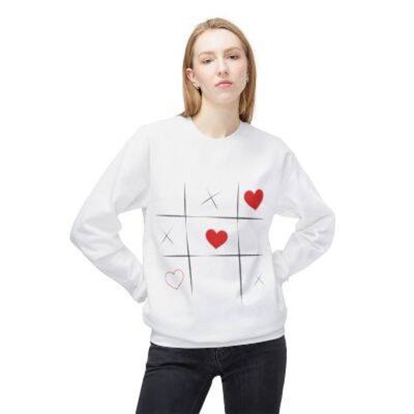 Women's crew neck sweatshirt, hearts tic-tac-toe design