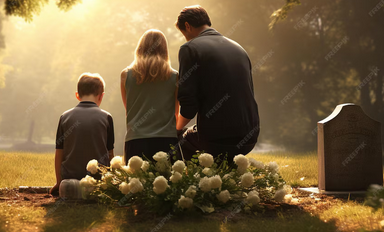 Une famille en recueillement devant une tombe, illustrant le processus de deuil et l’accompagnement émotionnel.