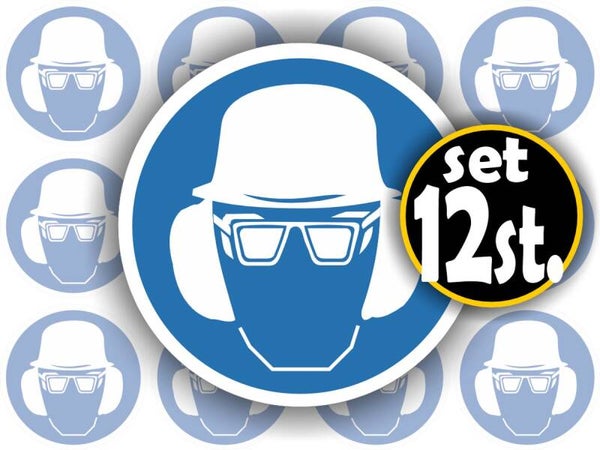 Veiligheidsbril - Gehoor en Helm verplicht  ISO 7010 sticker set 12 stuks (1155.58)
