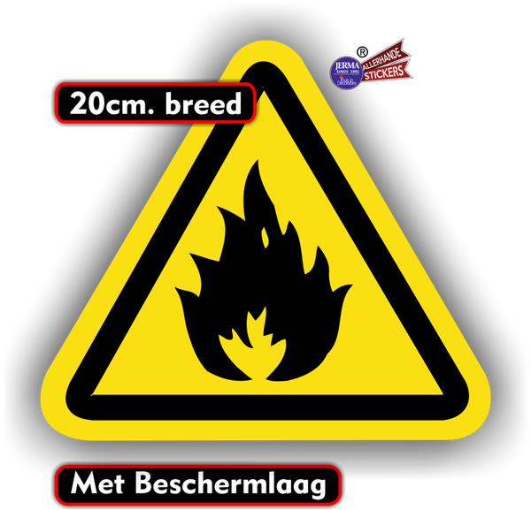 Geel, zwart driehoek sticker: Brandgevaar 20cm (211.12)