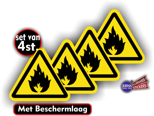 Geel, zwart driehoek stickers: Brandgevaar 10cm (213.12)