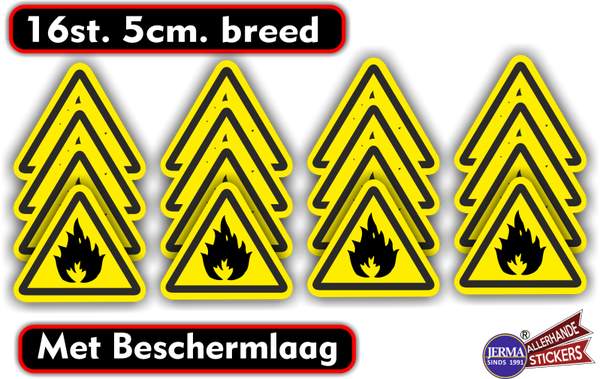 Geel, zwart driehoek stickers: Brandgevaar 5cm (215.12)