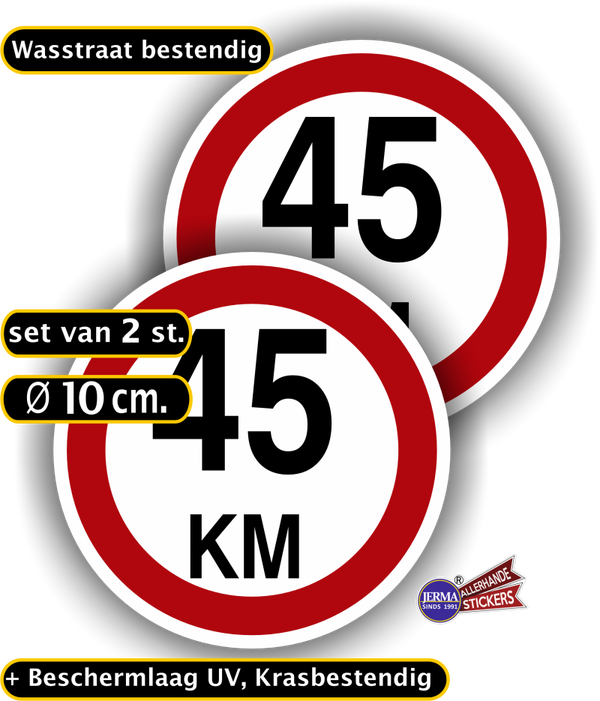 45 KM snelheid sticker set 2 stuks Ø 10cm p.stuk