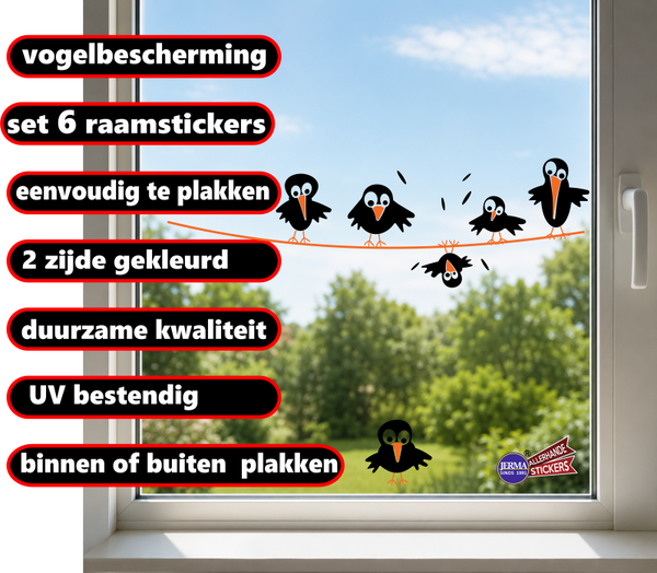 Vogel raamstickers - 6 vogels zittend op draad (855.14)