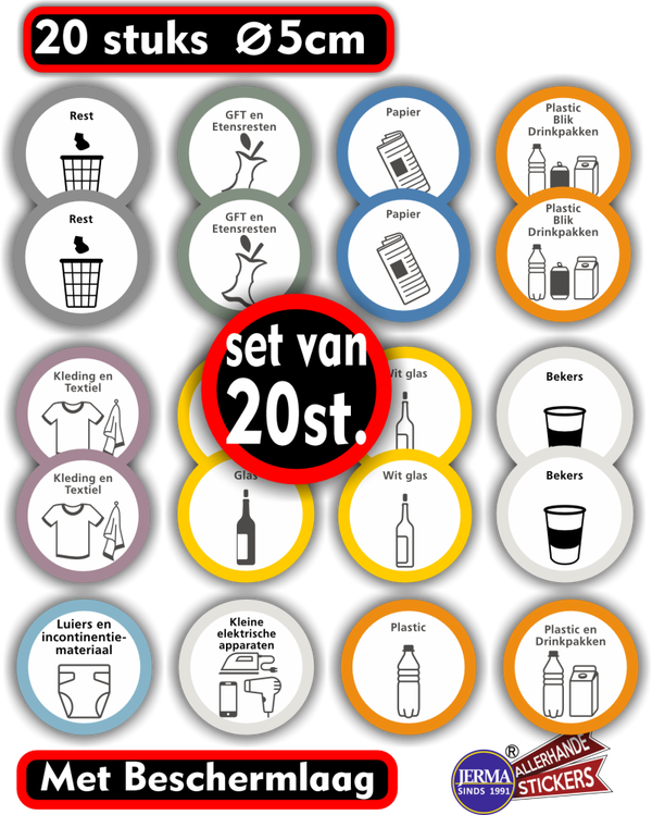Recycling afvalbak stickers set 20 stickers. (909.43)