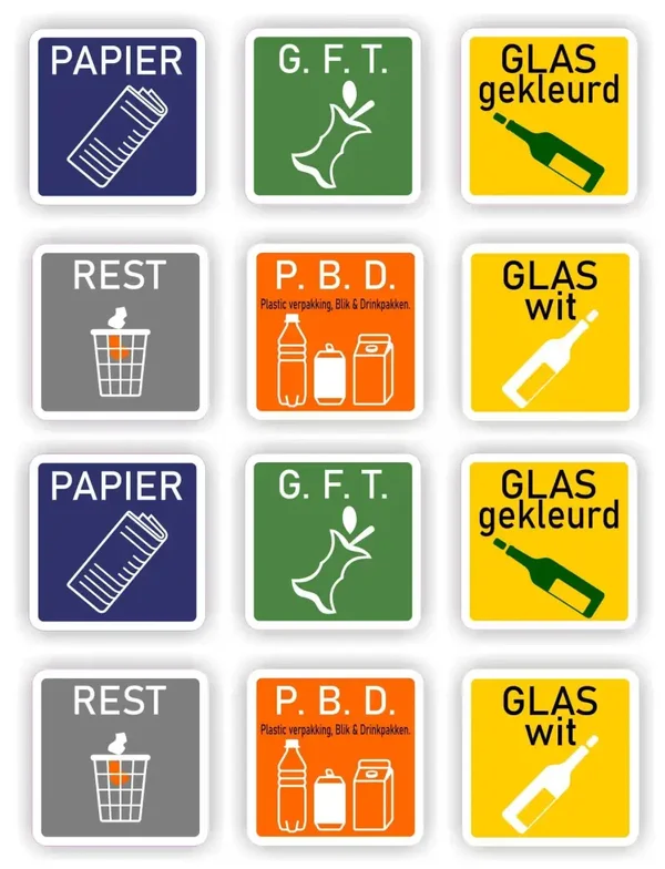 Recycling div. afval soorten set 12 stickers (441.la21)