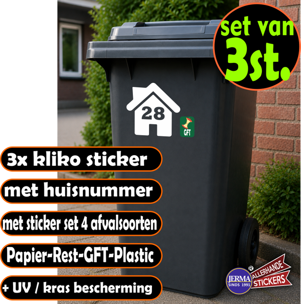 Kliko - Stickers – 3x Huisje met huisnr - 4 afvalsoorten stickers (957.3st)