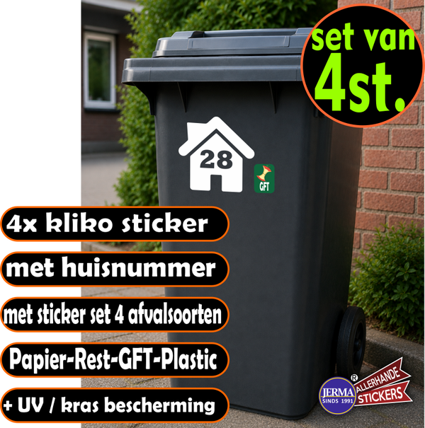 Kliko - Stickers – 4x Huisje met huisnr - 4 afvalsoorten stickers  (957.4st)