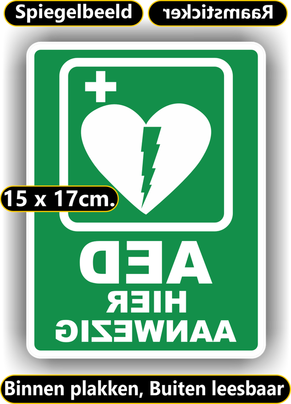 AED hier aanwezig - Raamsticker - in Spiegelbeeld (sp.115.79)