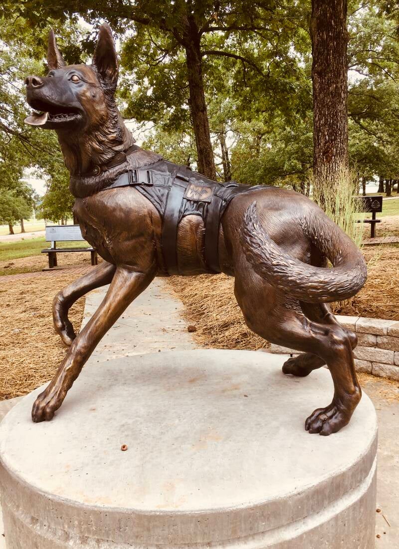 Large Outdoor Bronze Statue, "Mlitary Working Dog Monument", 1 1/4 life size bronze statue, MPRA Memorial Grove, Fort Leonard Wood, MO