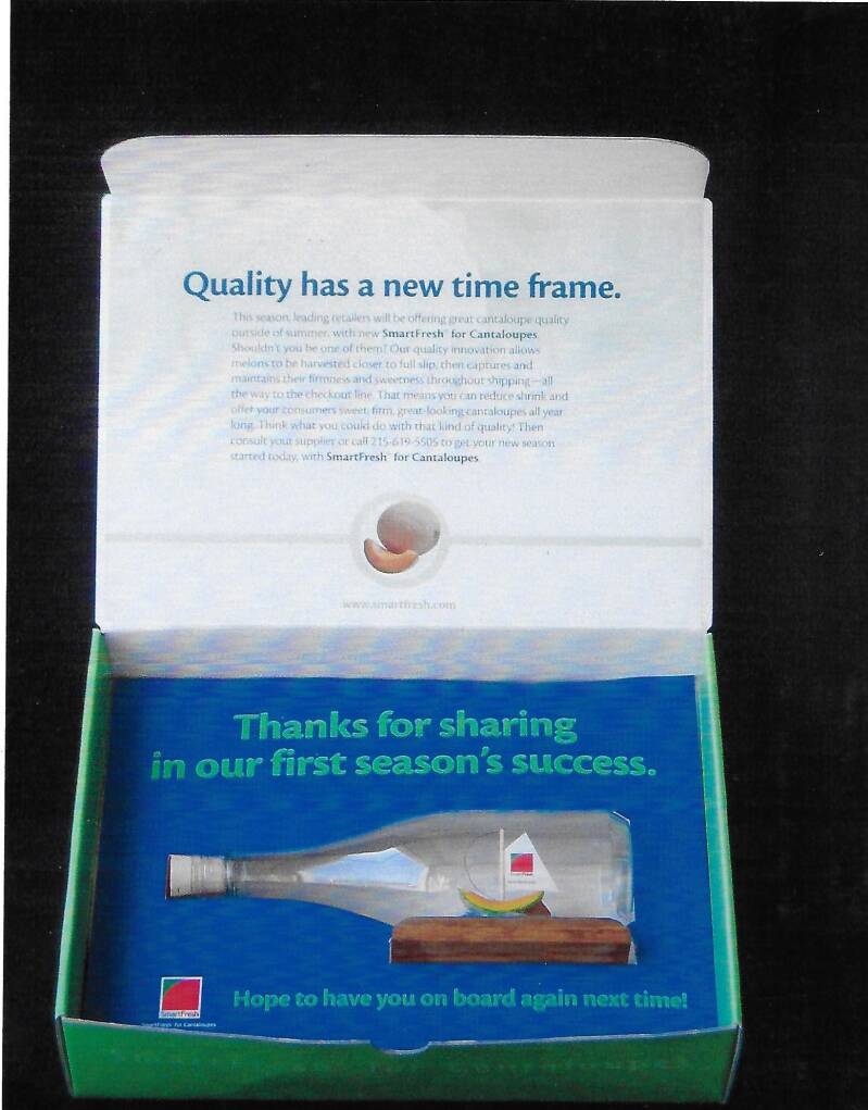 Company Award Sendout Sculpture, "Cantaloupe Boat in a Bottle", Client- SmartFresh