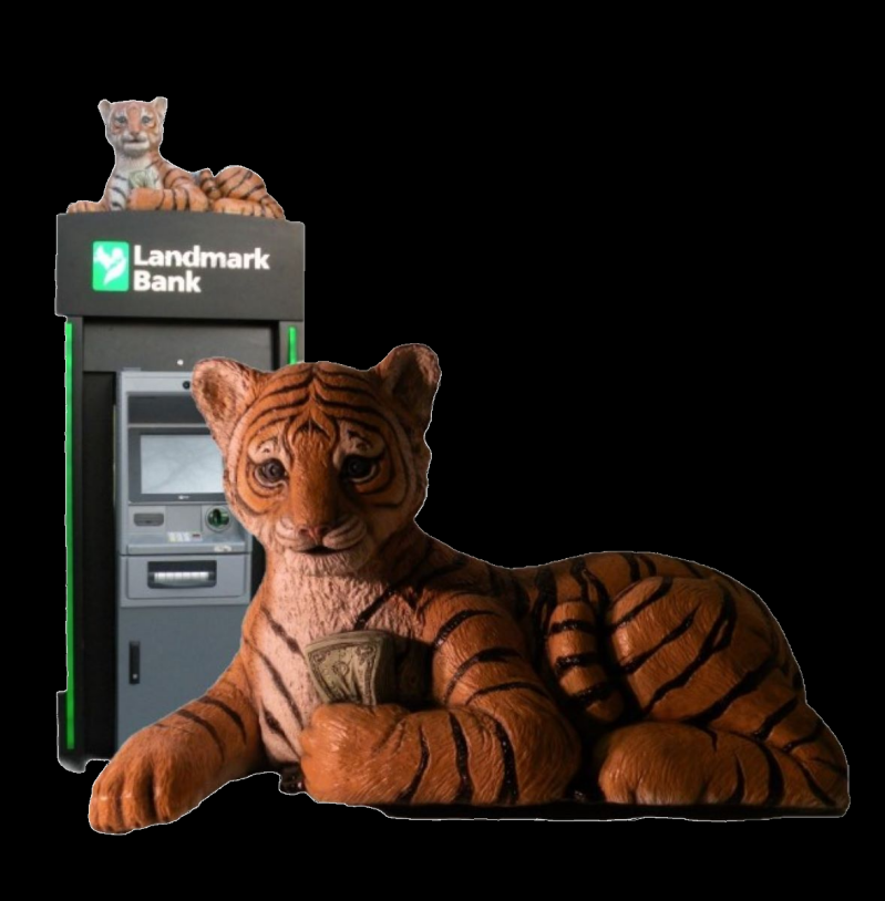 Outdoor Corporate Signage, "Tug the ATM Tiger" Client-Landmark Bank, Columbia, MO 