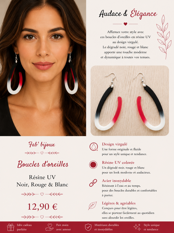 Boucle d'oreilles noir blanc et rouge