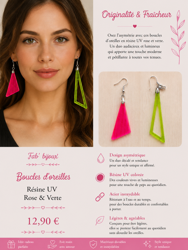 Boucle d'oreilles verte et rose