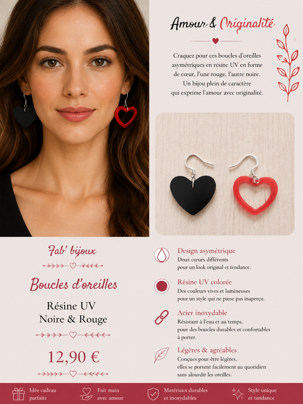 Boucle d'oreille cœur noir et rouge