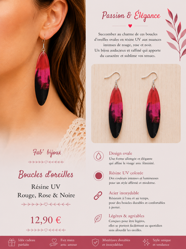 Boucles d'oreilles en résine UV – Dégradé Rouge, Rose & Noir
