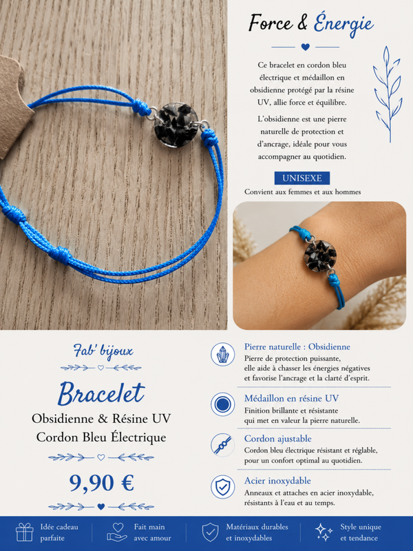 Bracelet réglable bleu électrique avec pierre en Obsidienne noire