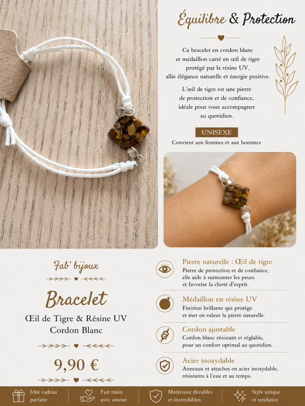 Bracelet réglable blanc avec pierre Œil de Tigre