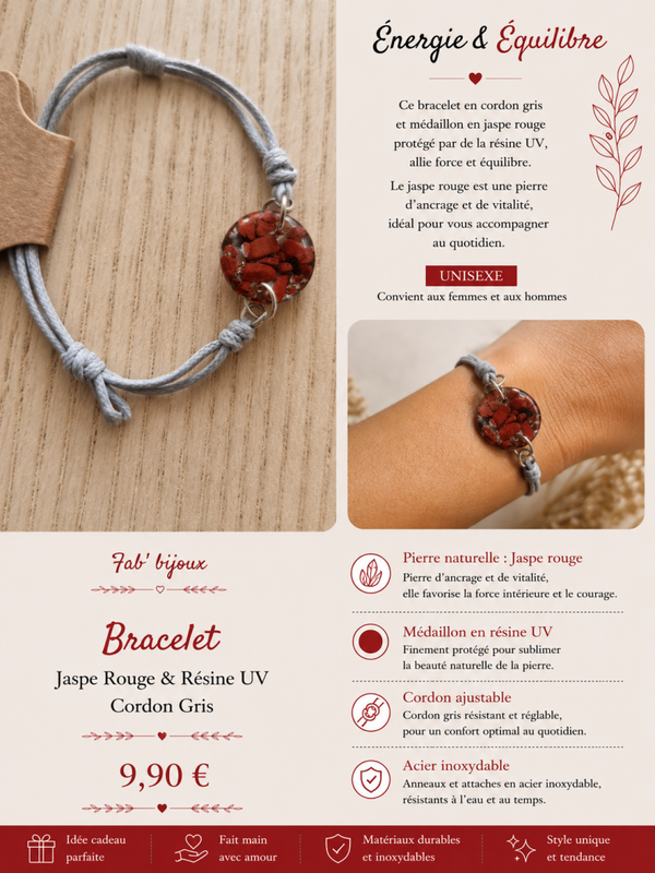 Bracelet réglable gris clair avec pierre en Jaspe rouge