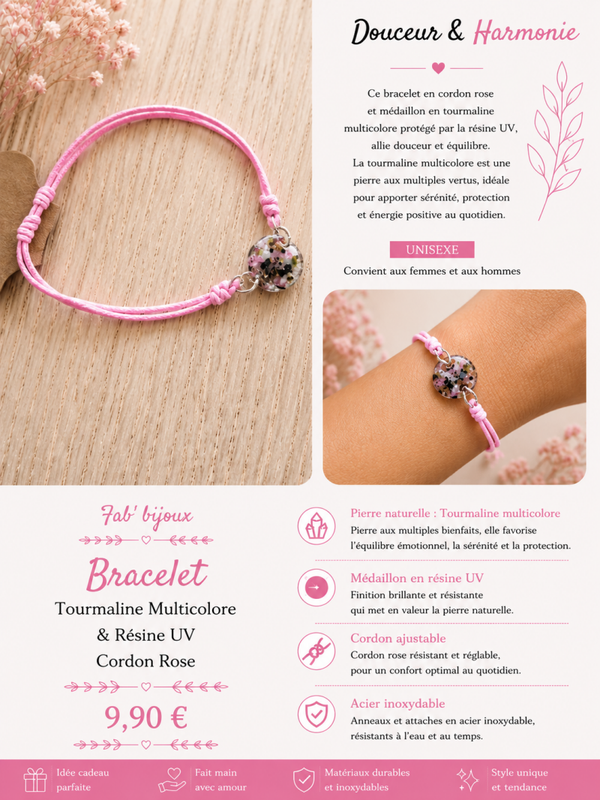 Bracelet réglable rose avec pierre en Tourmaline multicolore