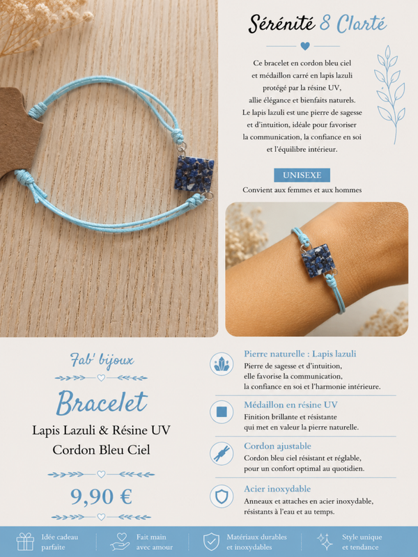 Bracelet réglable bleu ciel avec pierre en Lapis-Lazuli