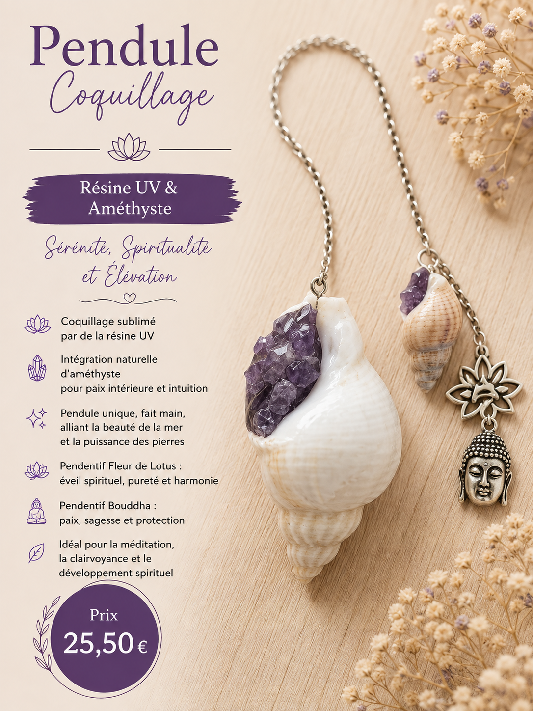 Pendule en coquillage avec améthyste