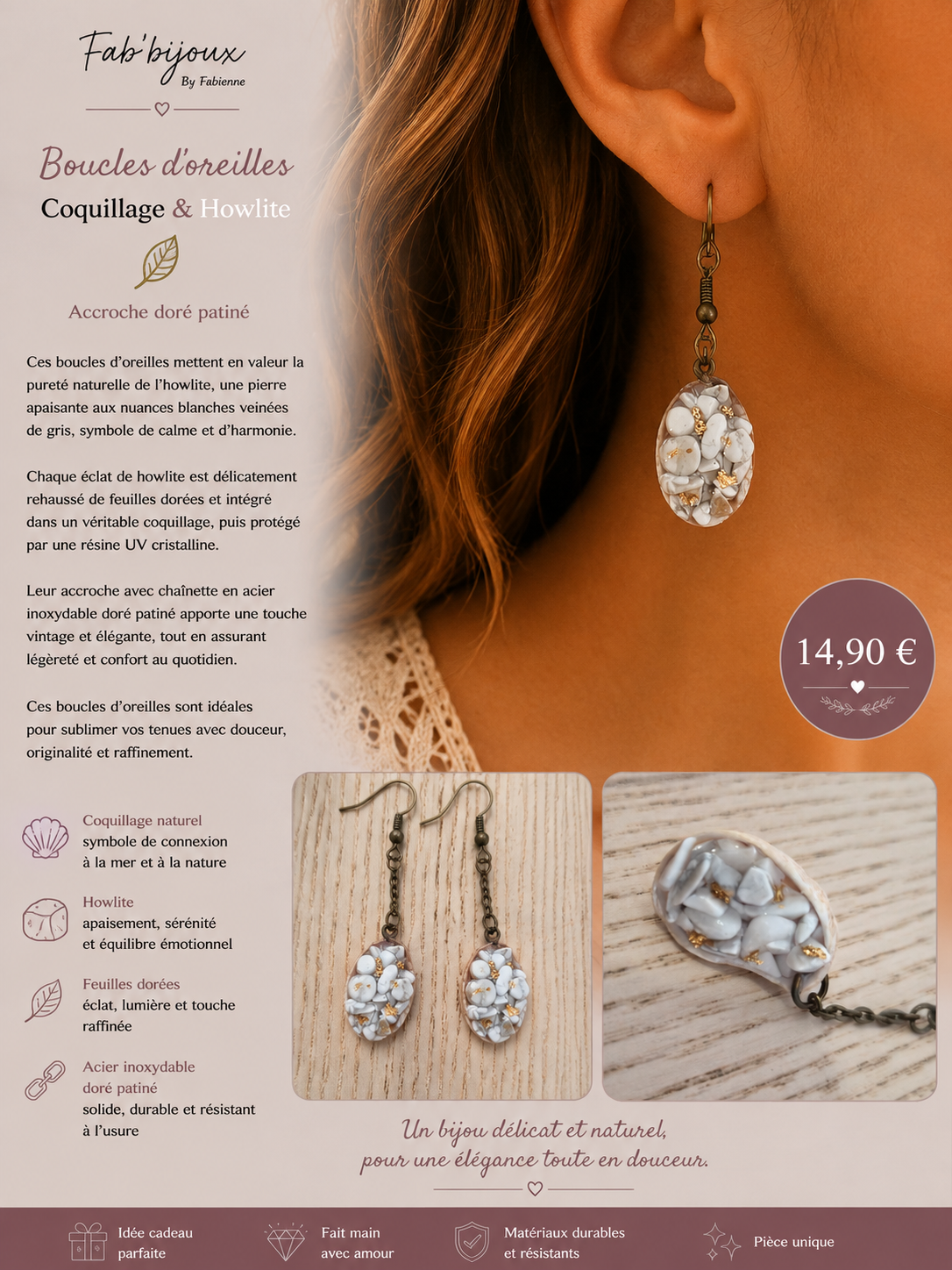 Boucle d'oreille en Howlite