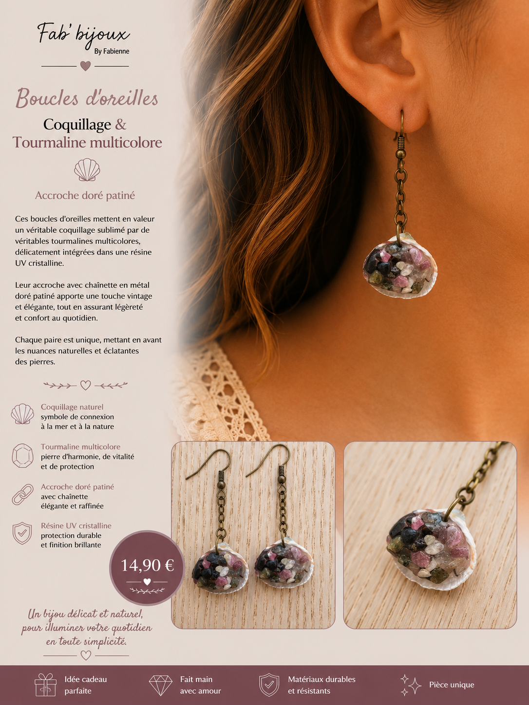 Boucle d'oreille en tourmaline multicolore