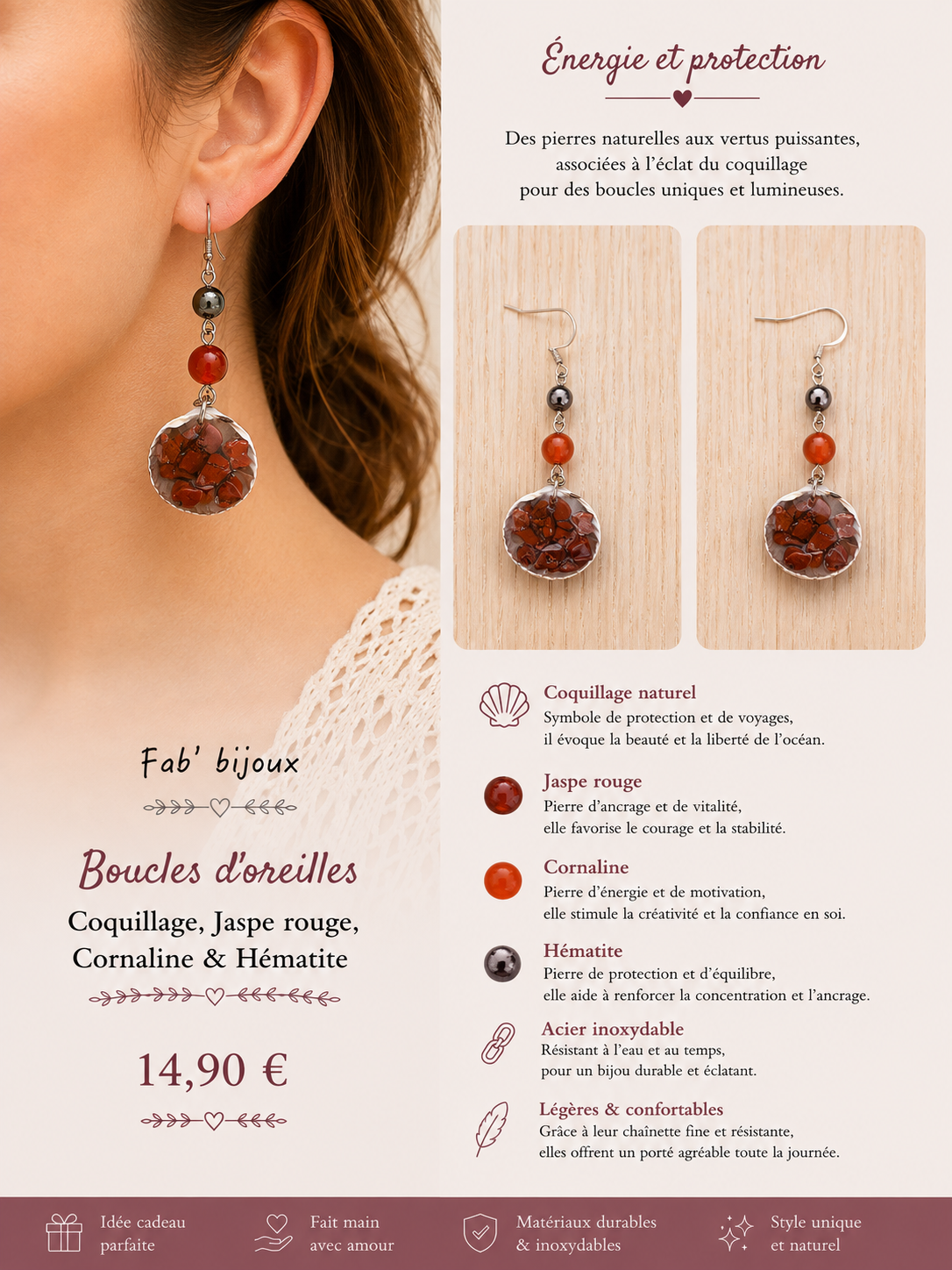 Boucle d'oreille en jaspe rouge