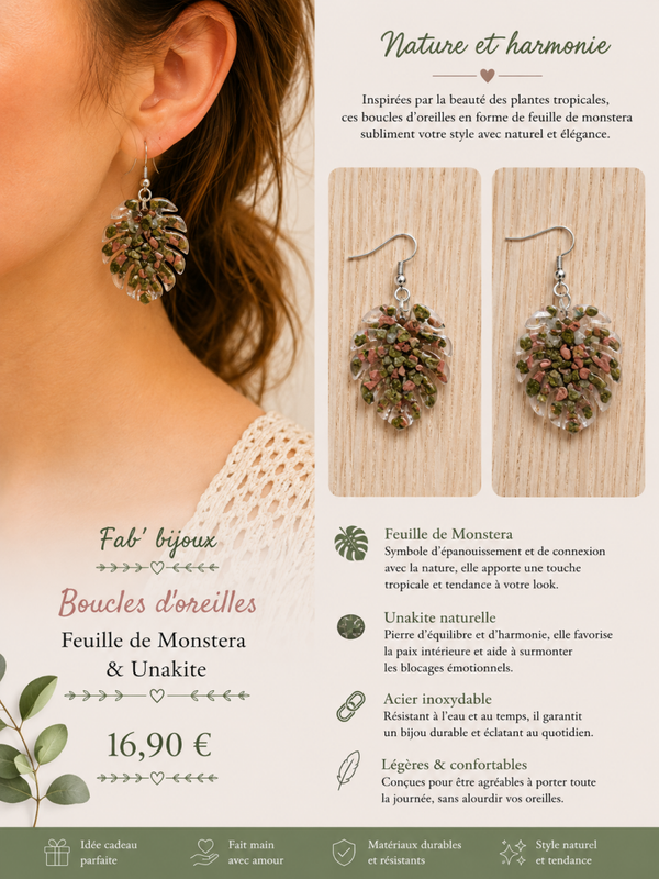 Boucle d'oreille feuille de monstera