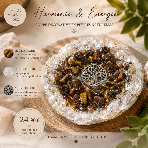 Support décoratif en coquillage – Œil de tigre & Cristal de roche