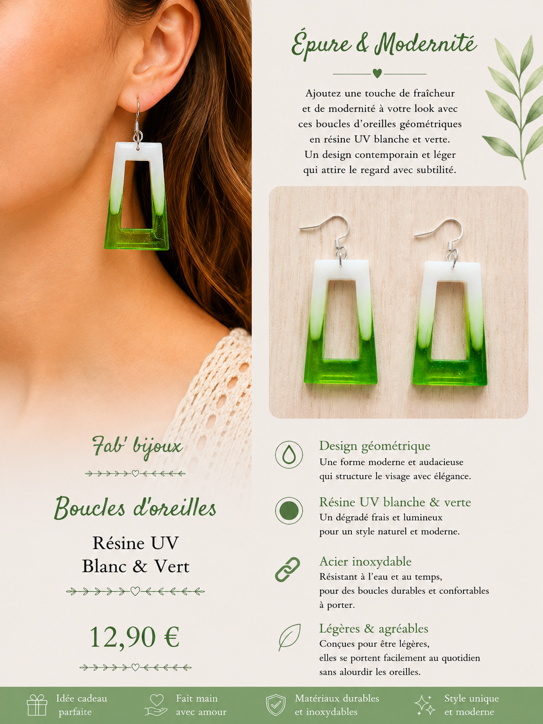 Boucle d'oreilles blanche et verte
