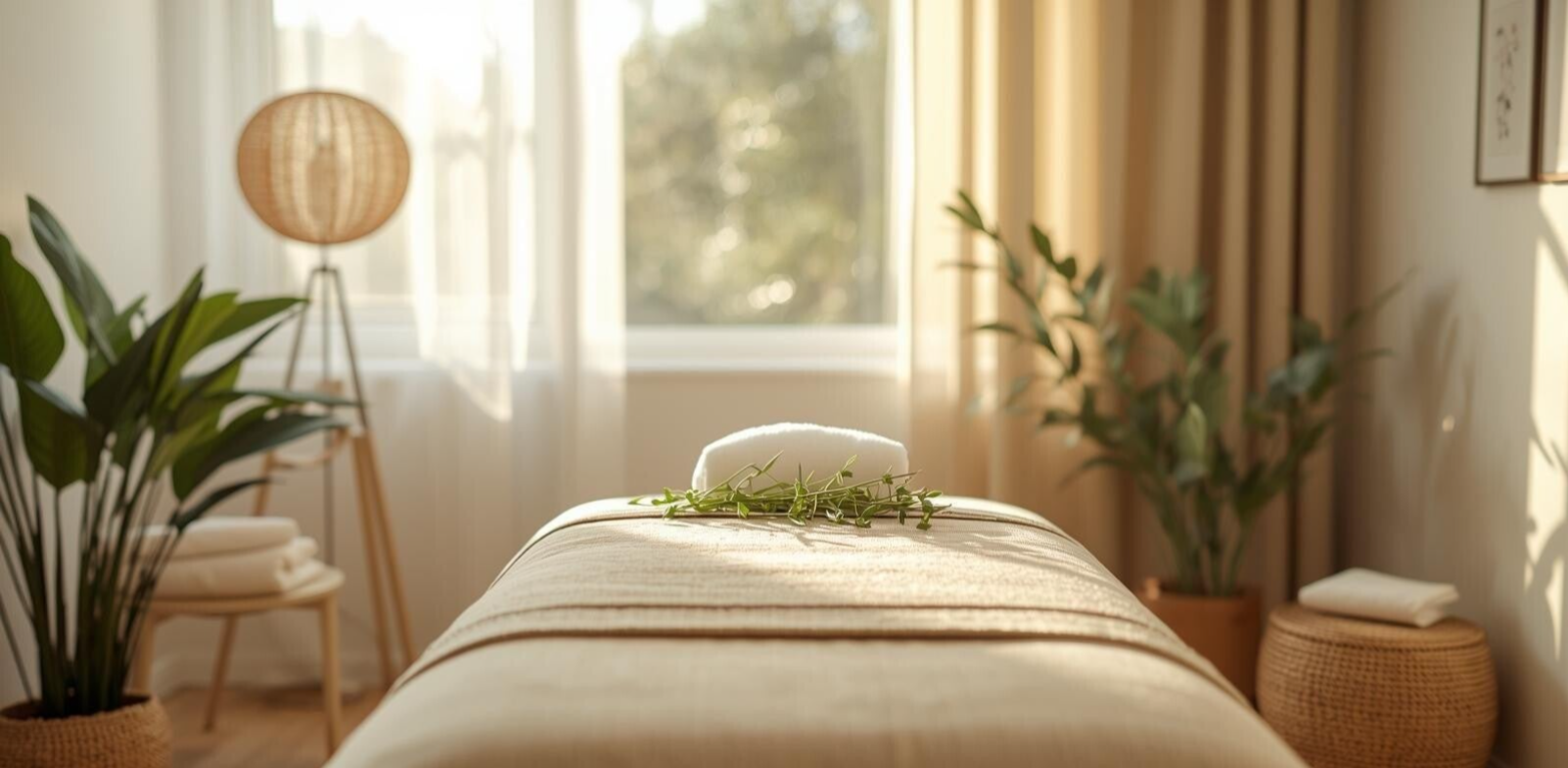 Une table de massage dans un espace calme et lumineux