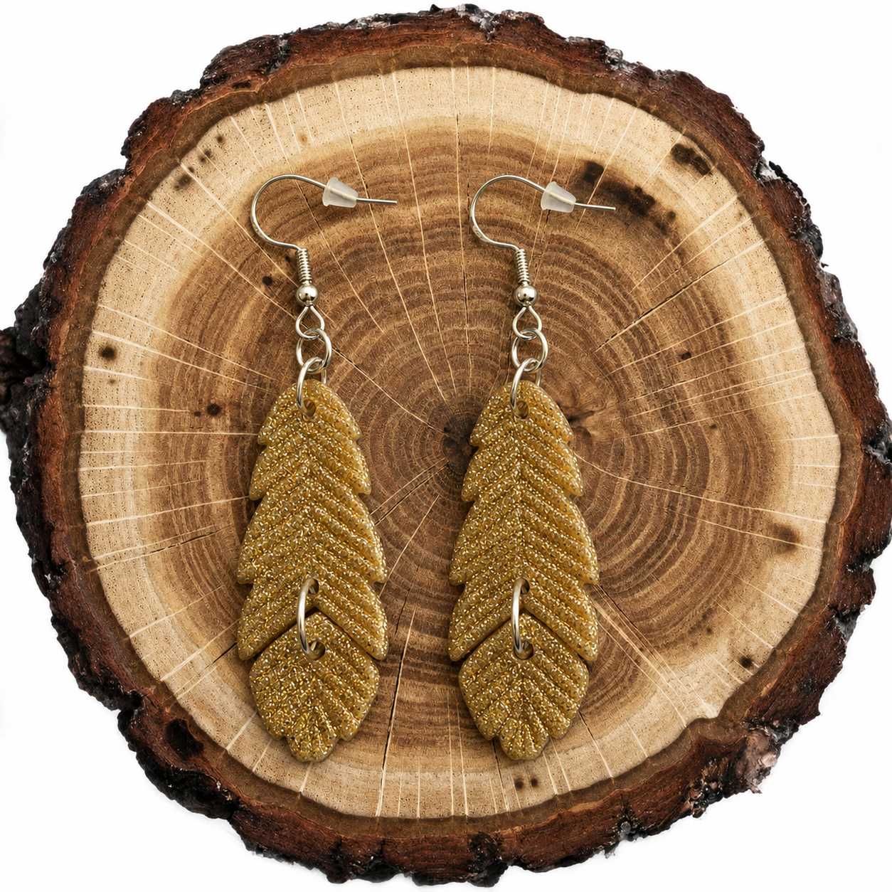 Polymer clay gold feather earrings