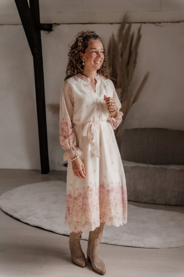 La Flor jurk broderie bloemen - lichtroze/beige